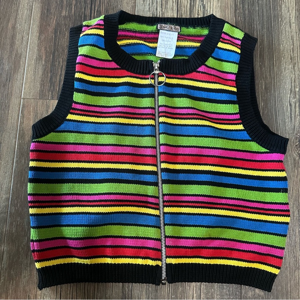 Vintage street wear Carole little rainbow sleeveless sweater vest zip MED
